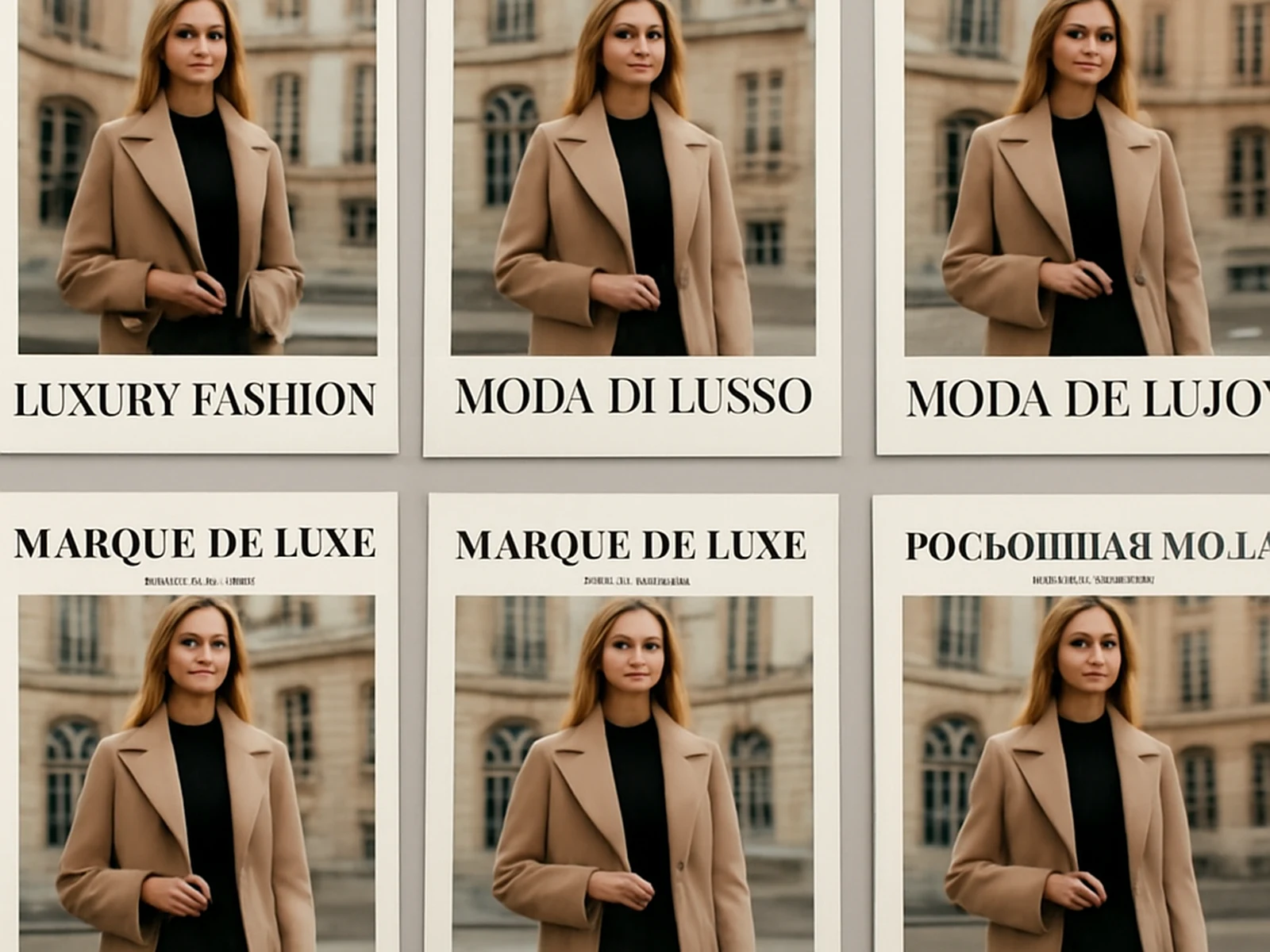 Global brand campaign materials for a Paris-based luxury house, 9 language versions.